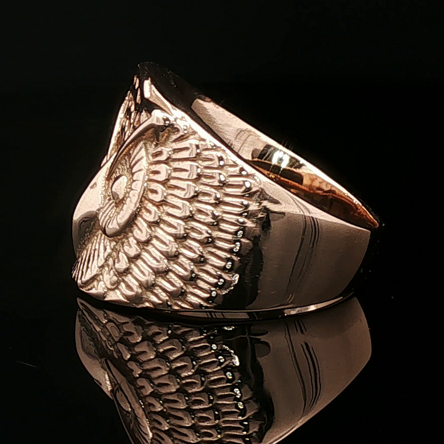 Large owl signet ring in antique bronze with detailed owl face design by Le Dragon Argenté.