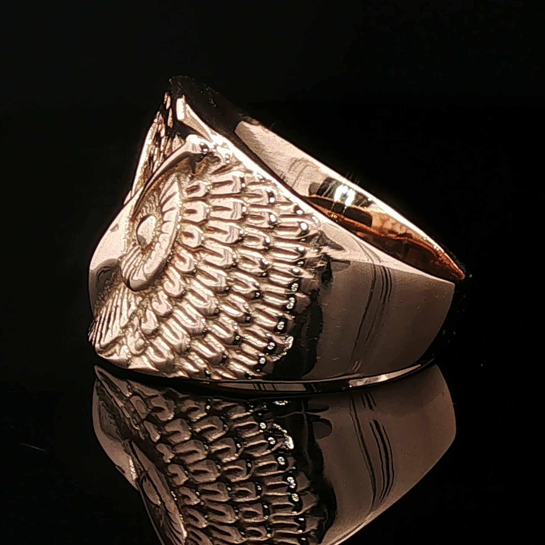 Large owl signet ring in antique bronze with detailed owl face design by Le Dragon Argenté.