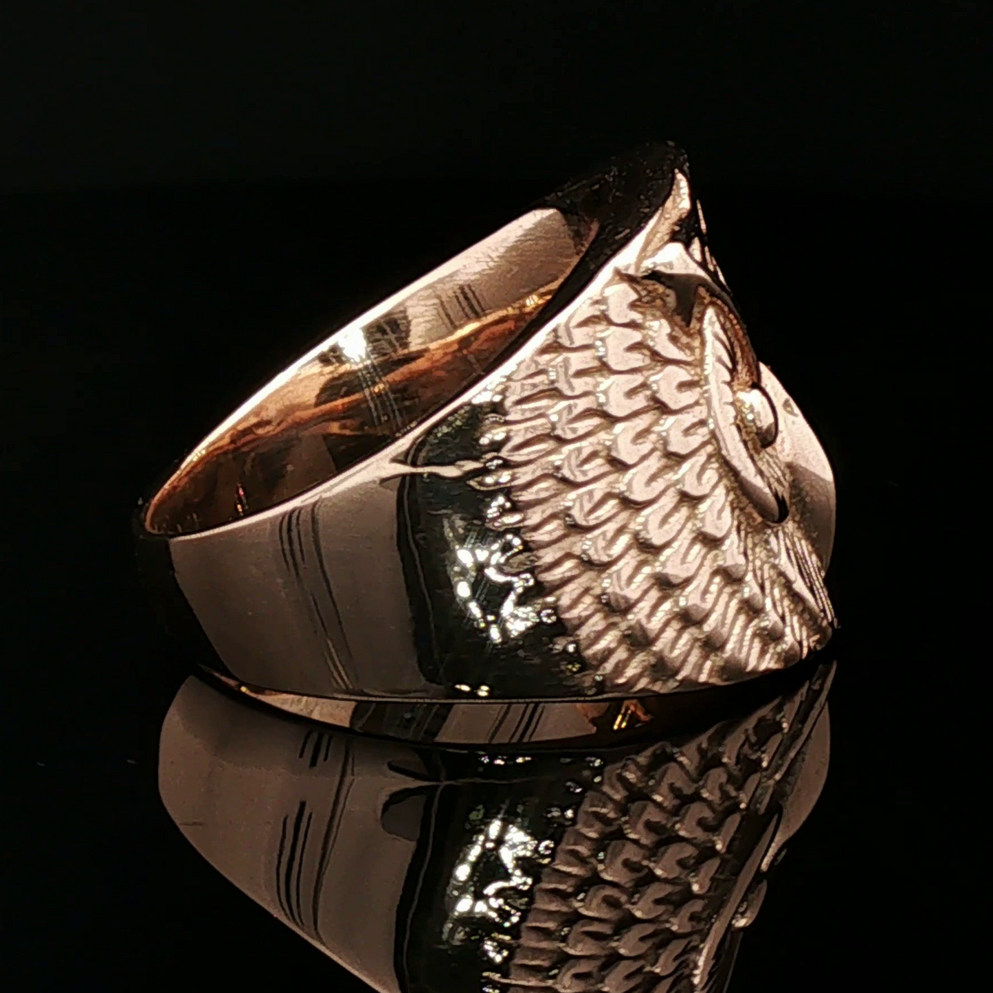 Large owl signet ring in antique bronze with detailed owl face design by Le Dragon Argenté.