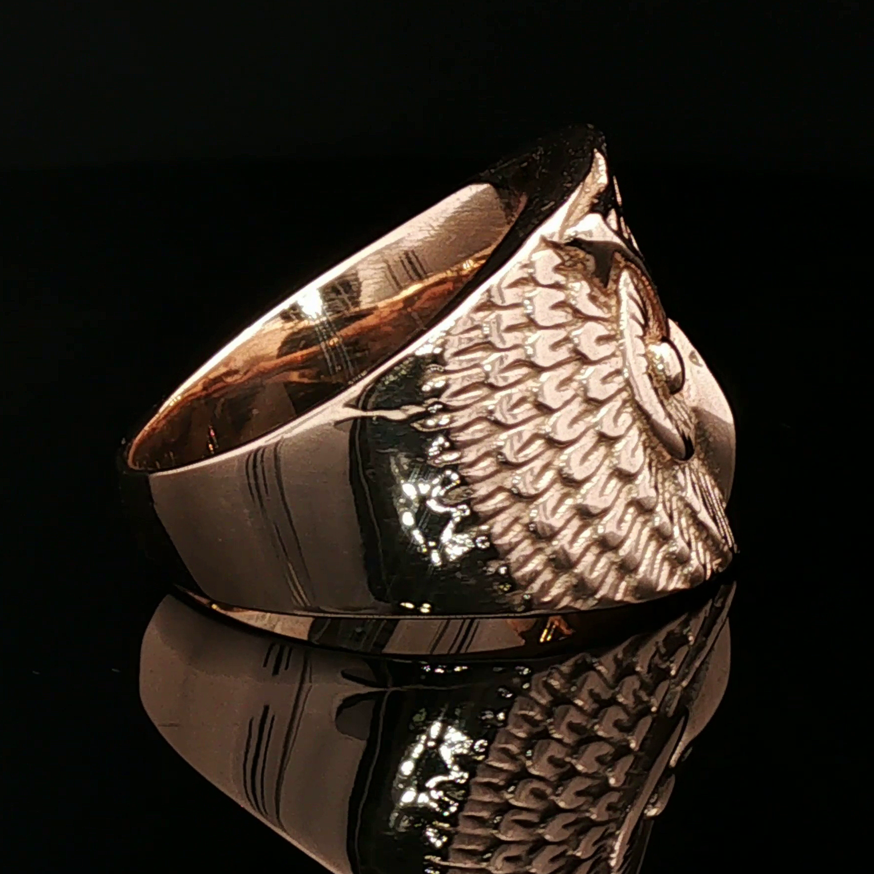 Large owl signet ring in antique bronze with detailed owl face design by Le Dragon Argenté.