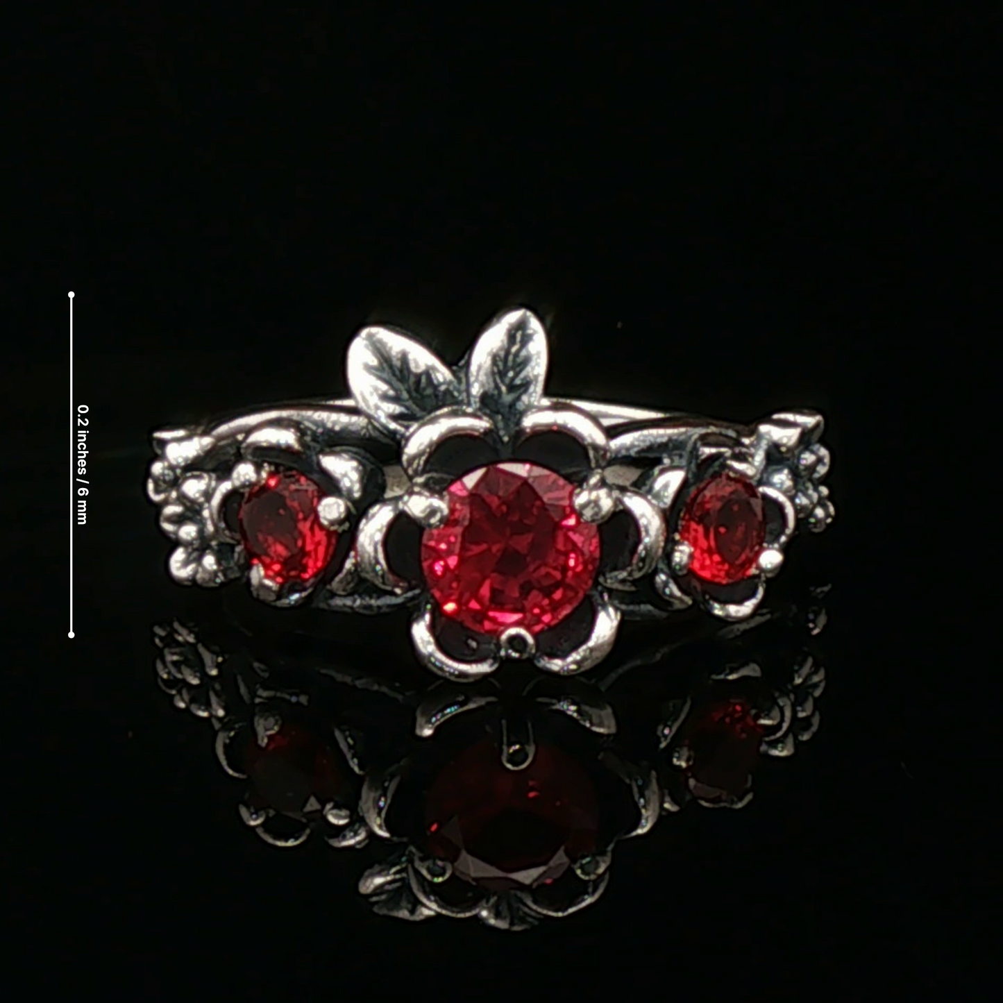 Triple rose birthstone ring in sterling silver with sparkling birthstones and detailed floral design in romantic vintage style by Le Dragon Argenté