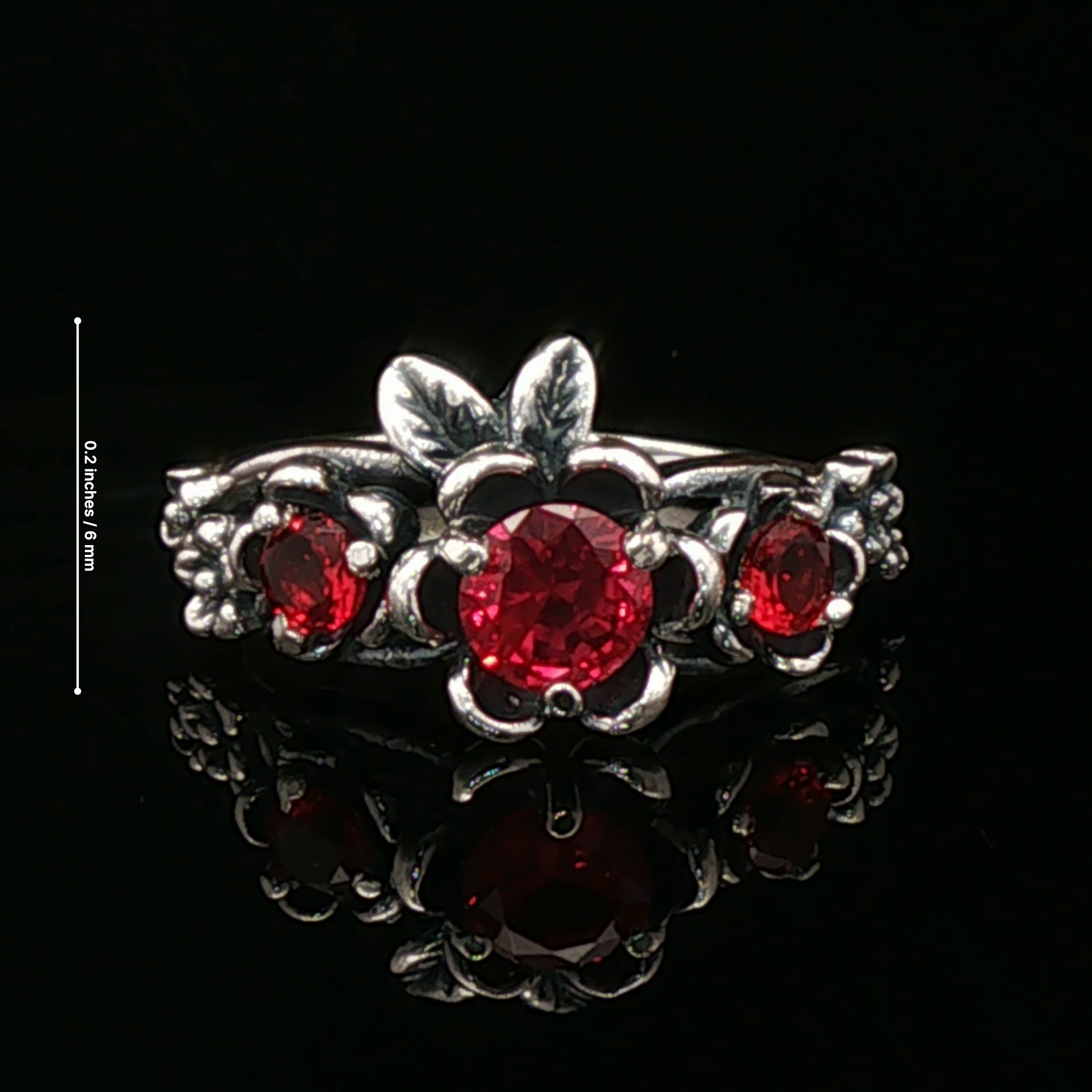 Triple rose birthstone ring in sterling silver with sparkling birthstones and detailed floral design in romantic vintage style by Le Dragon Argenté