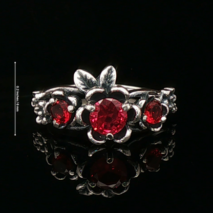 Triple rose birthstone ring in sterling silver with sparkling birthstones and detailed floral design in romantic vintage style by Le Dragon Argenté