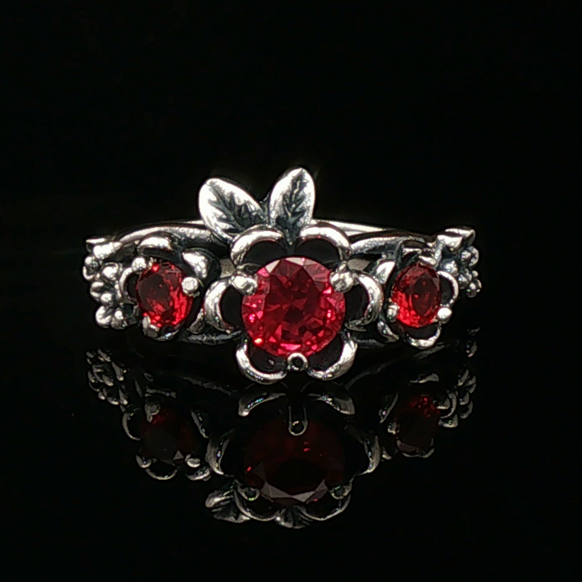 Triple rose birthstone ring in sterling silver with sparkling birthstones and detailed floral design in romantic vintage style by Le Dragon Argenté