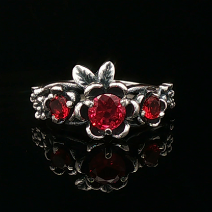 Triple rose birthstone ring in sterling silver with sparkling birthstones and detailed floral design in romantic vintage style by Le Dragon Argenté