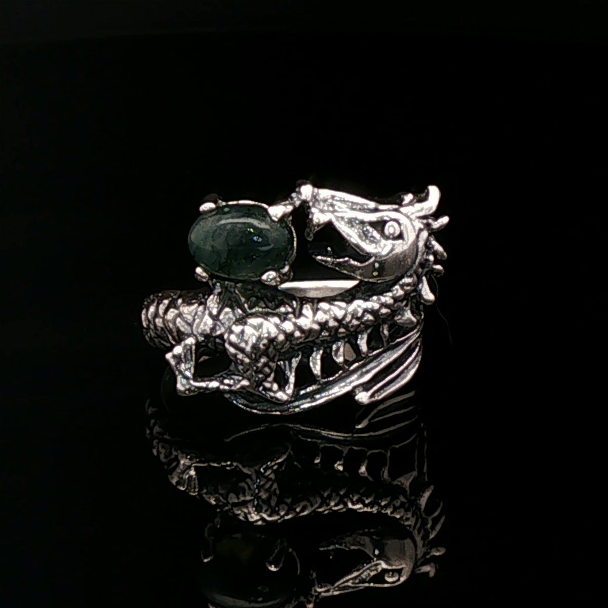 Gemstone Dragon Ring in sterling silver with Moss Agate by Le Dragon Argenté