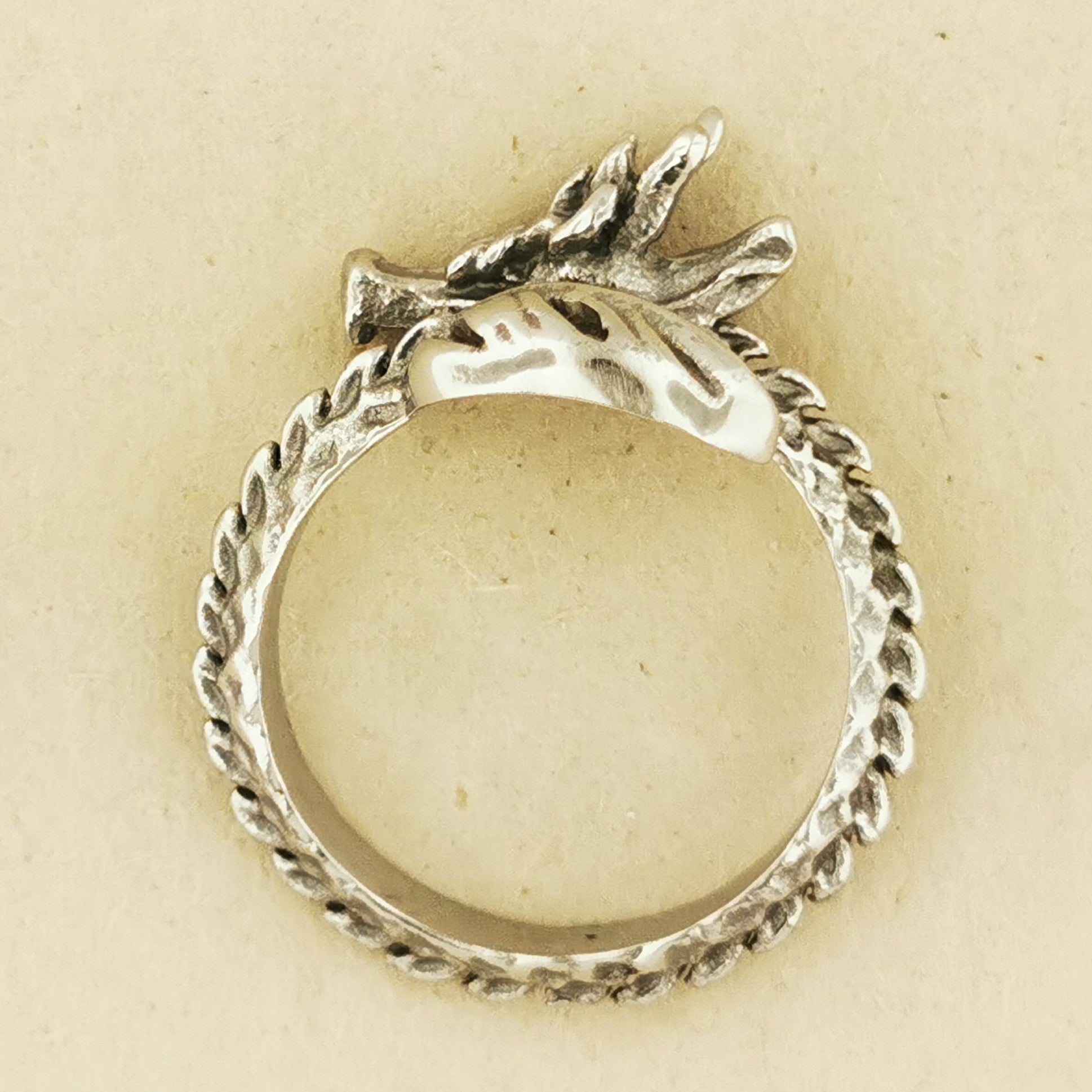Adjustable Asian Dragon Ring with detailed scales and whiskers in sterling silver, antique bronze, or stainless steel. Handmade fantasy jewellery by Le Dragon Argenté