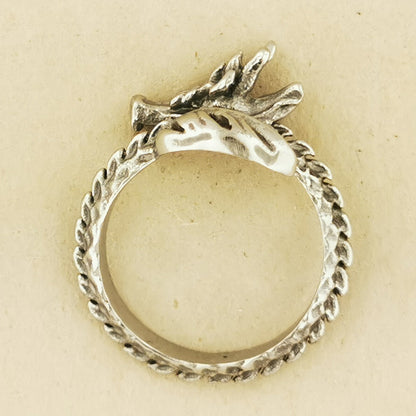 Adjustable Asian Dragon Ring with detailed scales and whiskers in sterling silver, antique bronze, or stainless steel. Handmade fantasy jewellery by Le Dragon Argenté