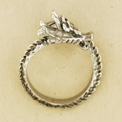 Adjustable Asian Dragon Ring with detailed scales and whiskers in sterling silver, antique bronze, or stainless steel. Handmade fantasy jewellery by Le Dragon Argenté