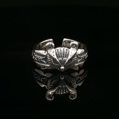 Adjustable Celtic owl ring in sterling silver with detailed knotwork and owl design by Le Dragon Argenté.