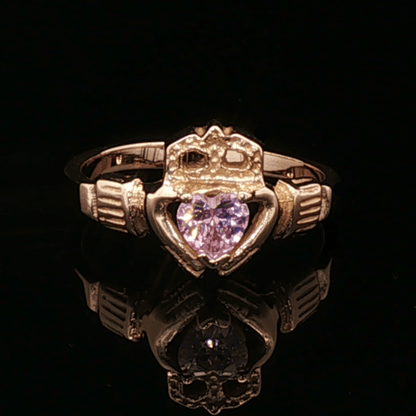 Personalized Claddagh Ring Birthstone Custom Irish Jewelry Celtic Design Antique Bronze Metal CZ Heart Stone Faceted Gemstone Perfect Birthday Gift Anniversary Present Heritage Celebration Handmade Quality Construction Traditional Symbol