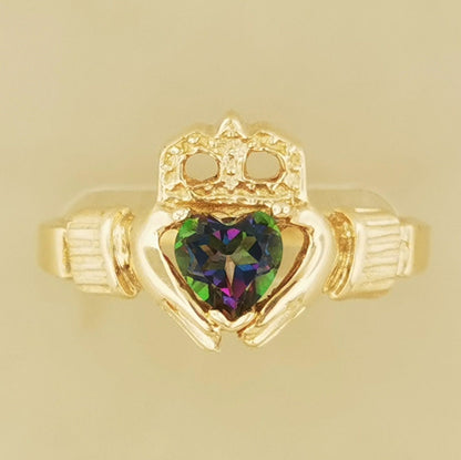 Antique Bronze Claddagh Ring with Gemstone Heart - Le Dragon Argenté