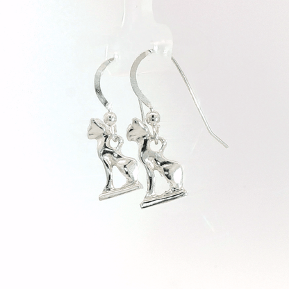 Handcrafted Bastet Cat Charm Earrings in sterling silver, antique bronze, or stainless steel by Le Dragon Argenté. Inspired by the Egyptian goddess Bastet, symbol of protection, joy, and feminine strength. These detailed feline earrings are perfect for mythology lovers, cat enthusiasts, and fans of Egyptian-inspired jewelry with spiritual meaning.