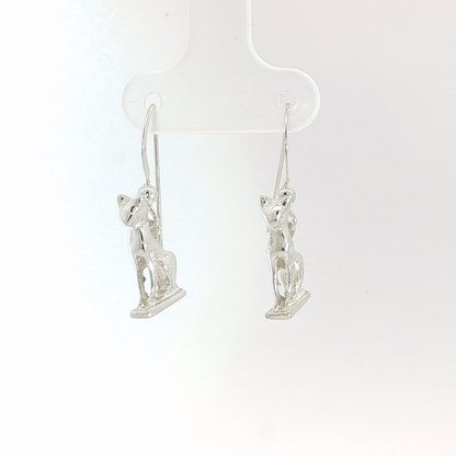 Handcrafted Bastet Cat Charm Earrings in sterling silver, antique bronze, or stainless steel by Le Dragon Argenté. Inspired by the Egyptian goddess Bastet, symbol of protection, joy, and feminine strength. These detailed feline earrings are perfect for mythology lovers, cat enthusiasts, and fans of Egyptian-inspired jewelry with spiritual meaning.