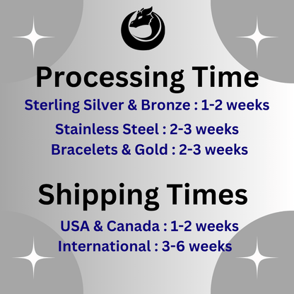 text that provides shipping information for various types of jewelry, including Sterling Silver & Bronze, Stainless Steel, Bracelets & Gold, and Bracelets & Gold. The text indicates the shipping times for these items, with the United States and Canada taking 1-2 weeks, and International taking 3-6 weeks.