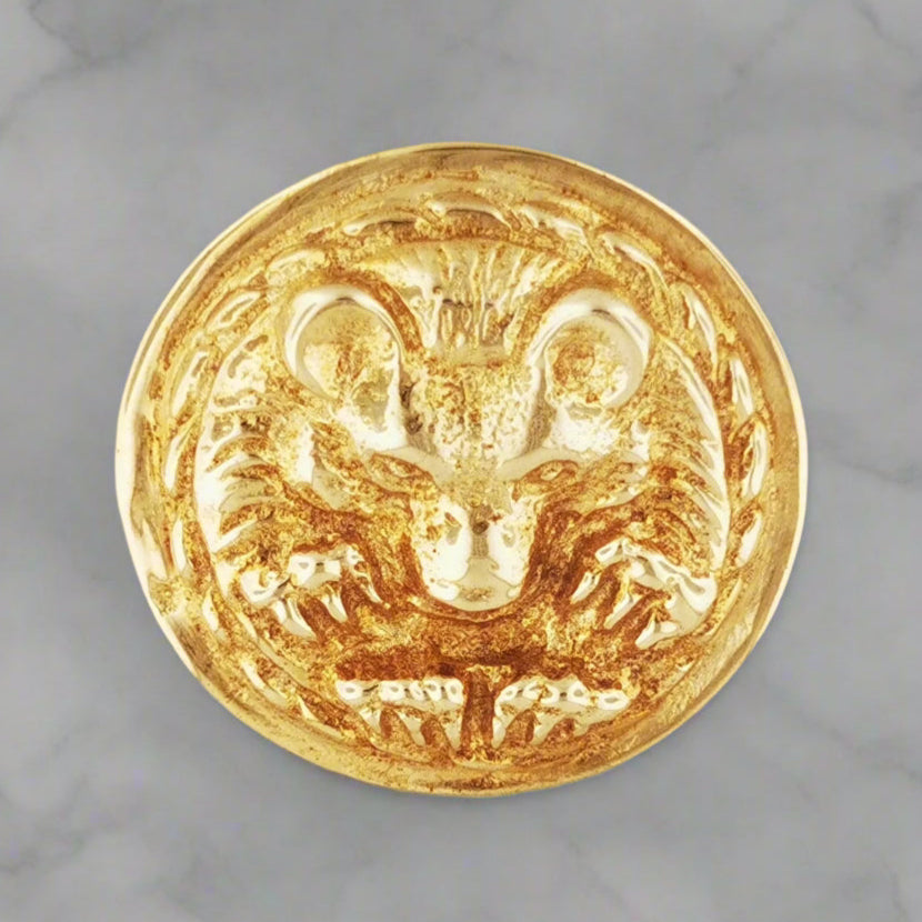 Close-up of bronze bear medallion necklace with tribal or Celtic style detailing