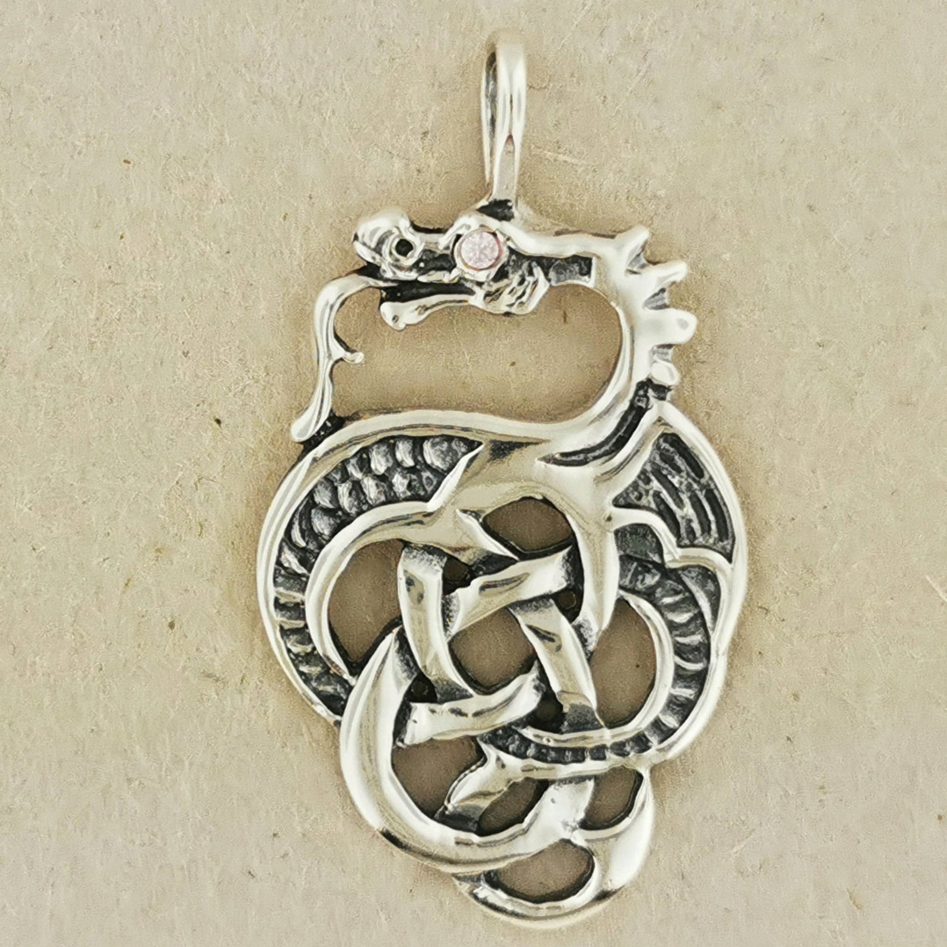 Celtic Dragon Pendant in Sterling Silver with Birthstone Eye - Le Dragon Argenté