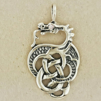 Celtic Dragon Pendant in Sterling Silver with Birthstone Eye - Le Dragon Argenté