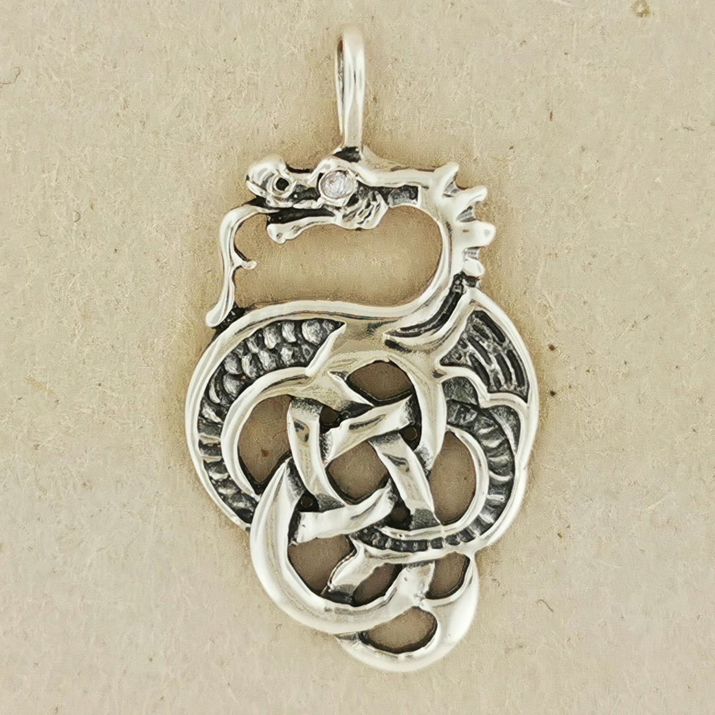 Celtic Dragon Pendant in Sterling Silver with Birthstone Eye - Le Dragon Argenté