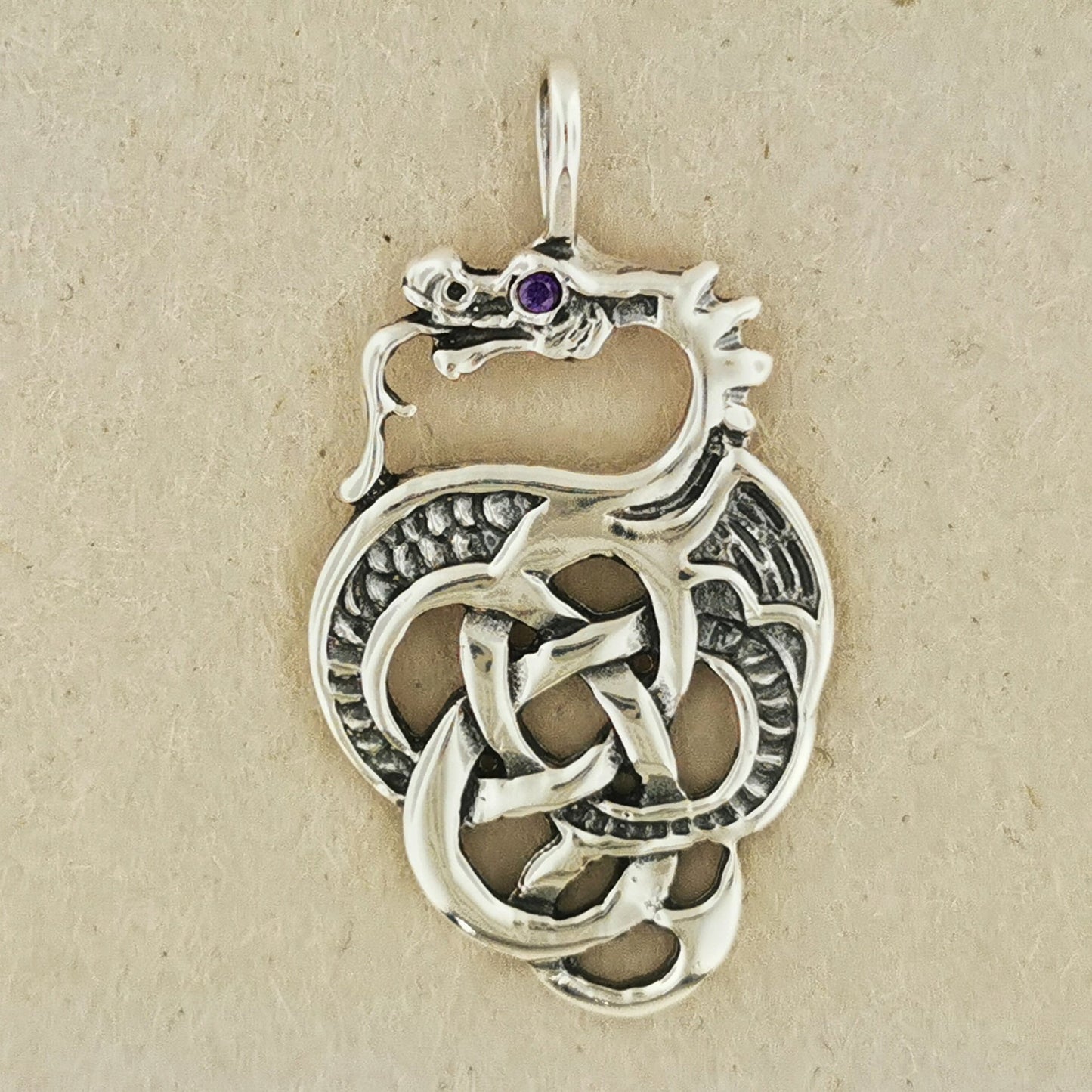 Celtic Dragon Pendant in Sterling Silver with Birthstone Eye - Le Dragon Argenté