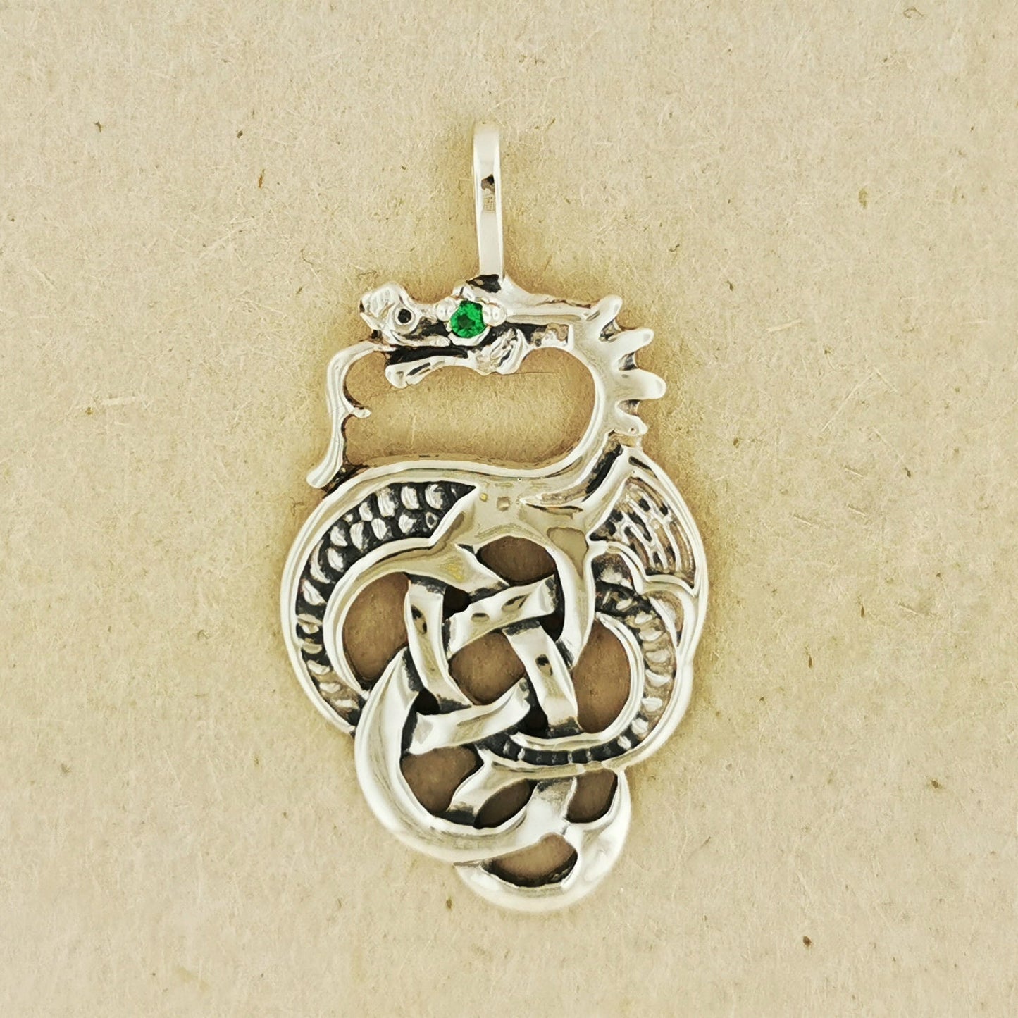 Celtic Dragon Pendant in Sterling Silver with Birthstone Eye - Le Dragon Argenté