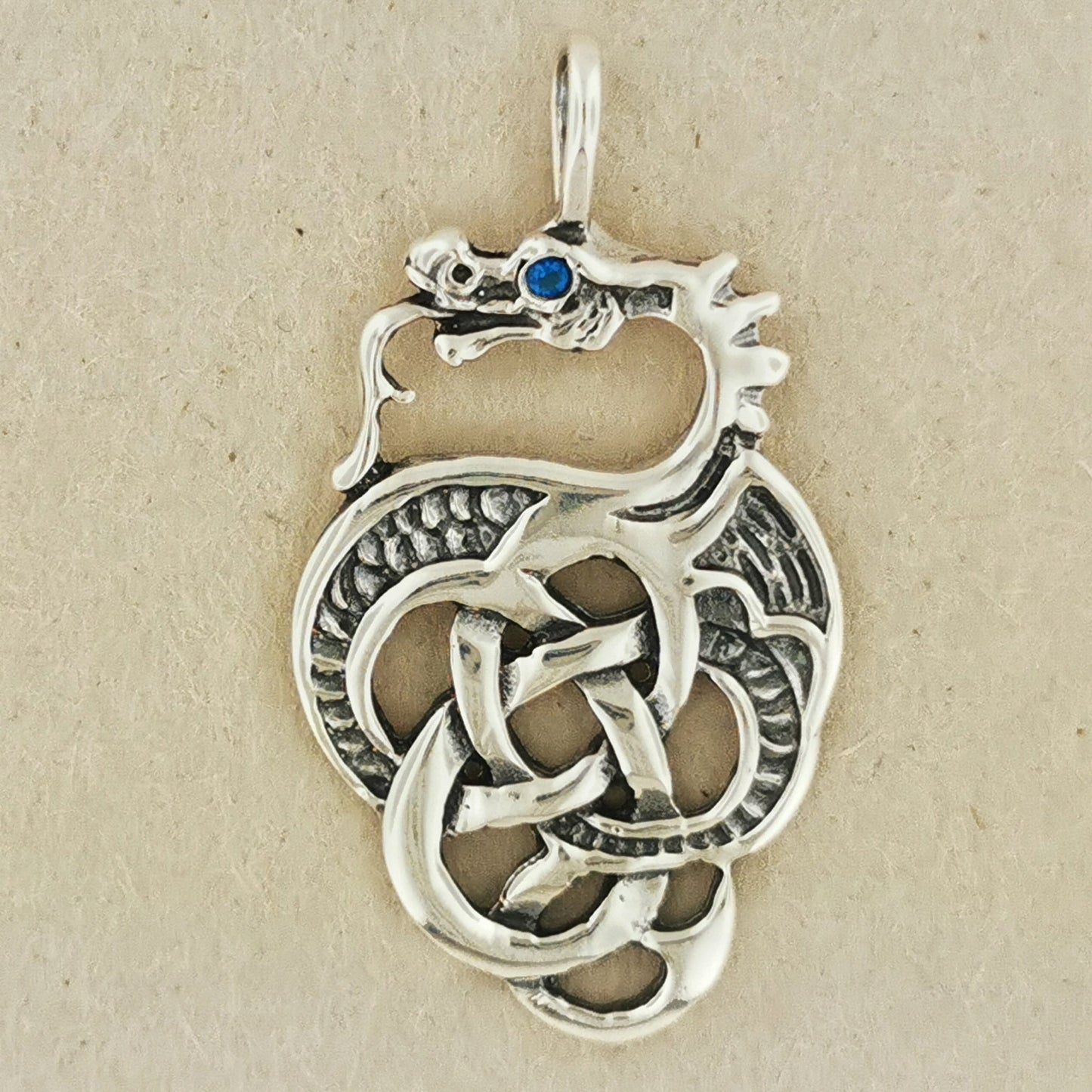 Celtic Dragon Pendant in Sterling Silver with Birthstone Eye - Le Dragon Argenté