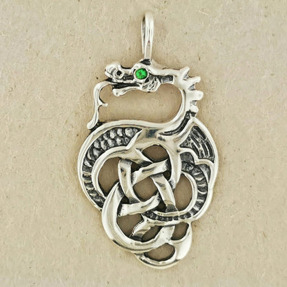 Celtic Dragon Pendant in Sterling Silver with Birthstone Eye - Le Dragon Argenté