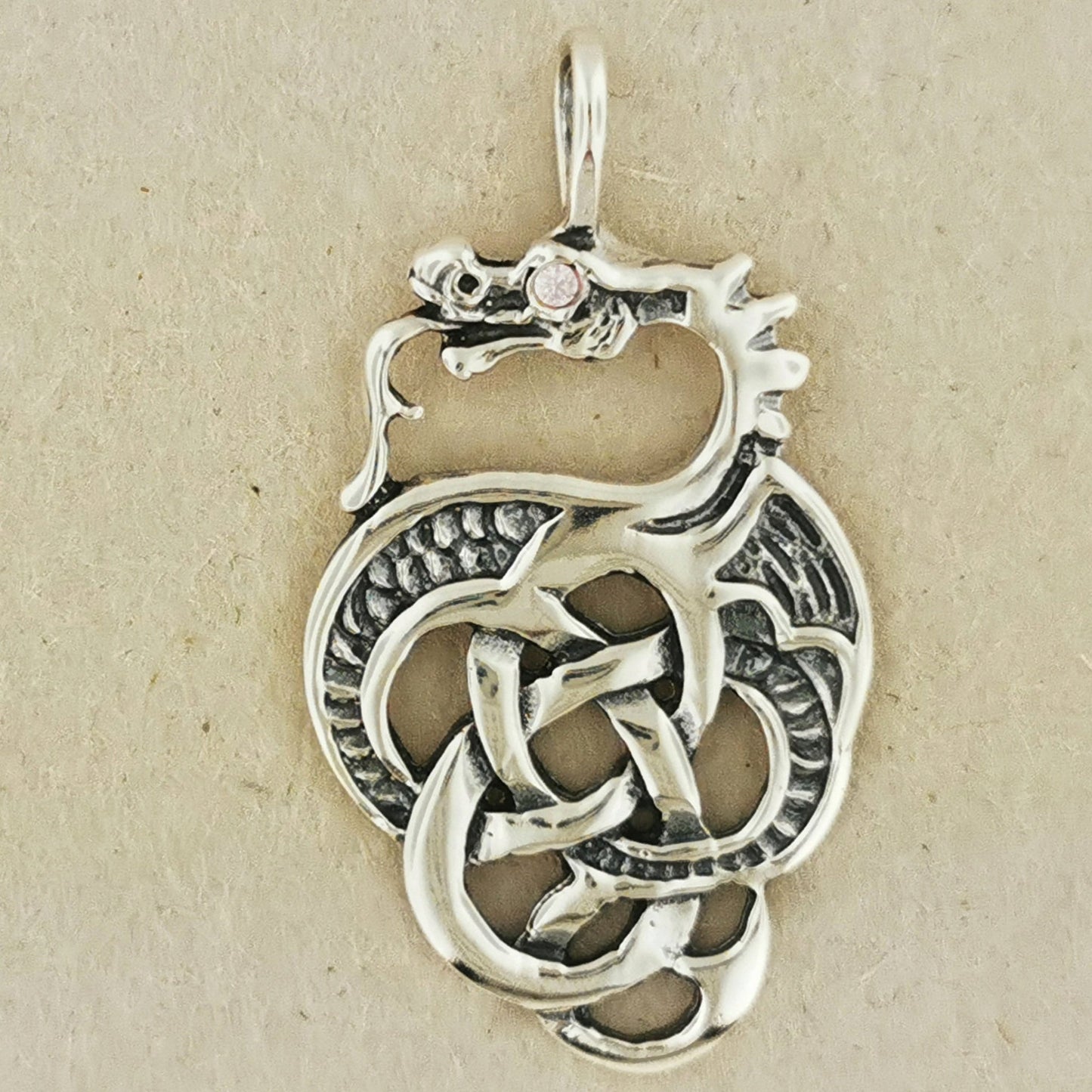 Celtic Dragon Pendant in Sterling Silver with Birthstone Eye - Le Dragon Argenté