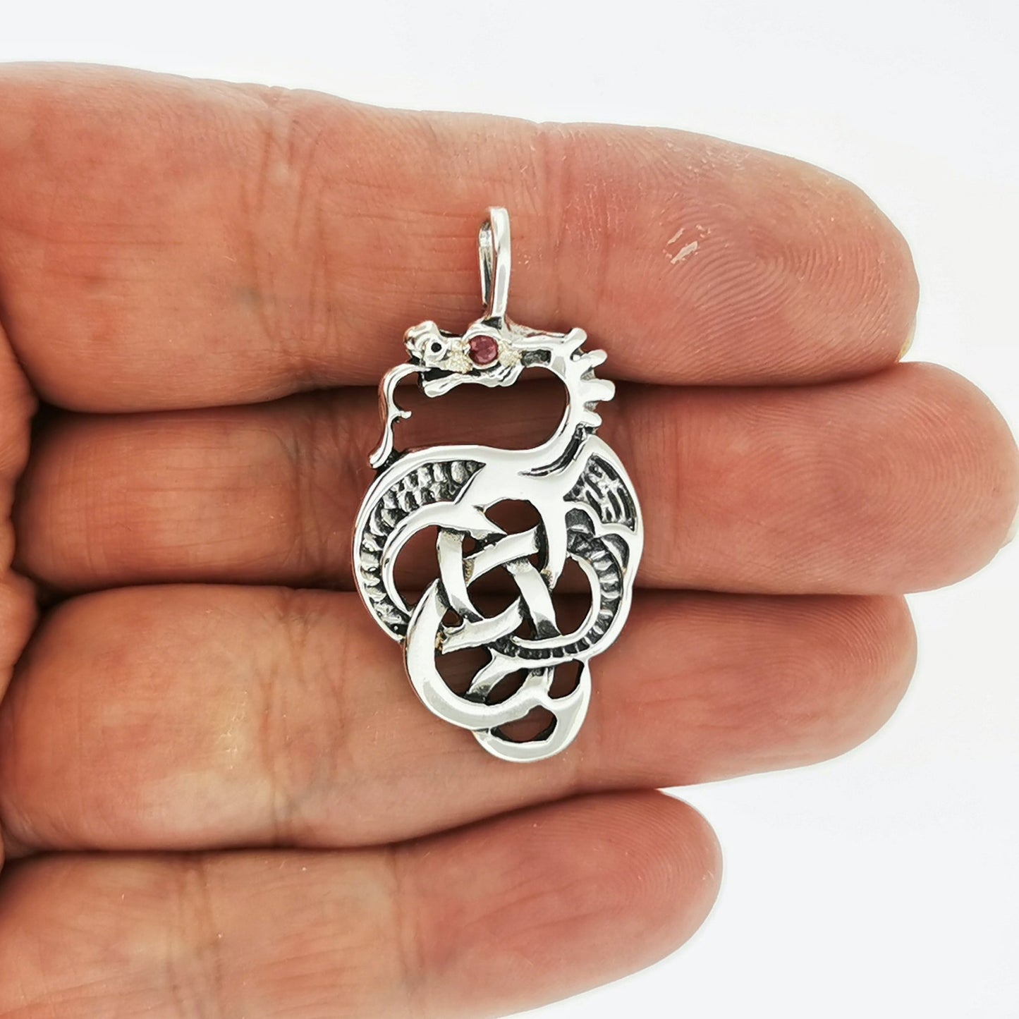 Celtic Dragon Pendant in Sterling Silver with Birthstone Eye - Le Dragon Argenté