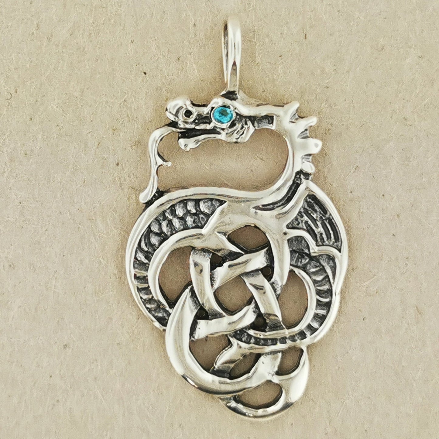 Celtic Dragon Pendant in Sterling Silver with Birthstone Eye - Le Dragon Argenté