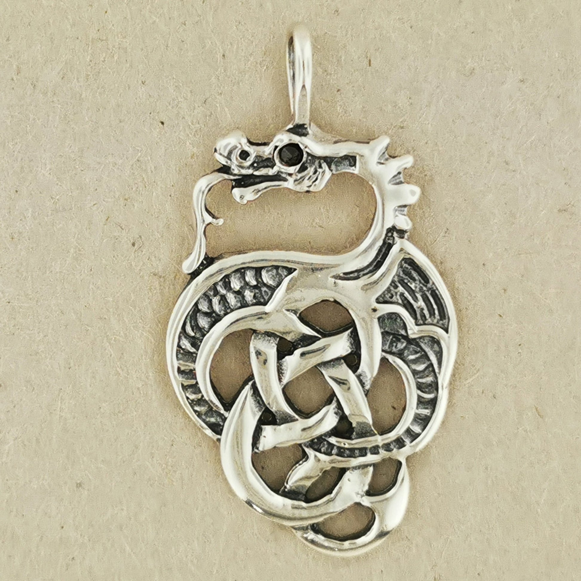 Celtic Dragon Pendant in Sterling Silver with Birthstone Eye - Le Dragon Argenté