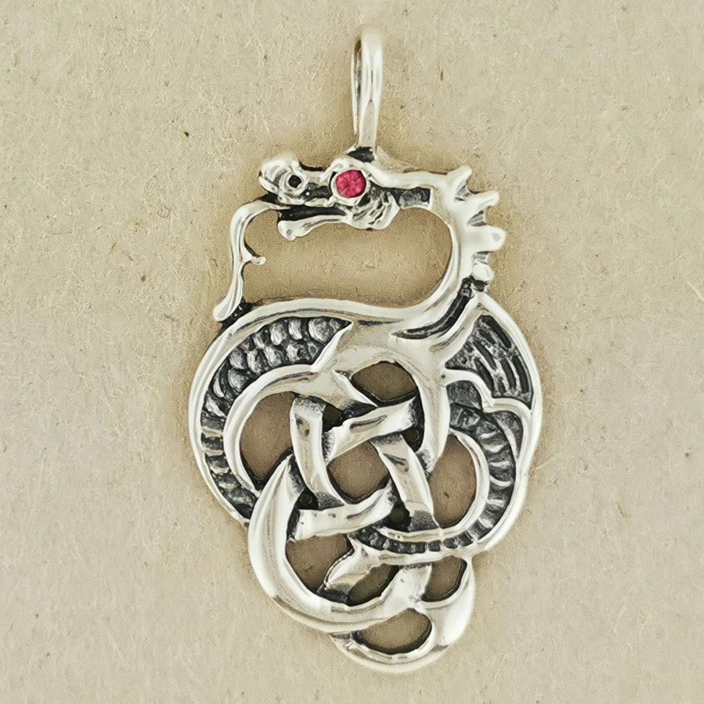 Celtic Dragon Pendant in Sterling Silver with Birthstone Eye - Le Dragon Argenté