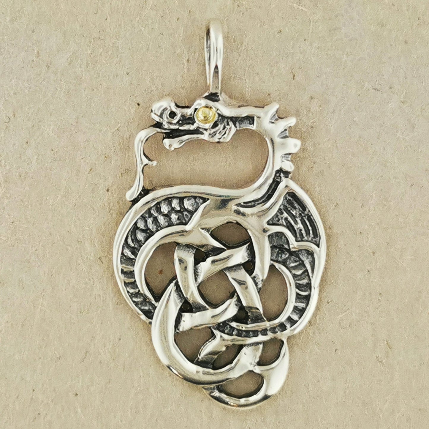 Celtic Dragon Pendant in Sterling Silver with Birthstone Eye - Le Dragon Argenté