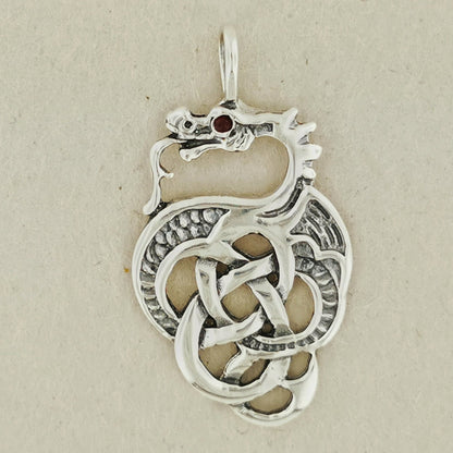 Celtic Dragon Pendant in Sterling Silver with Birthstone Eye - Le Dragon Argenté