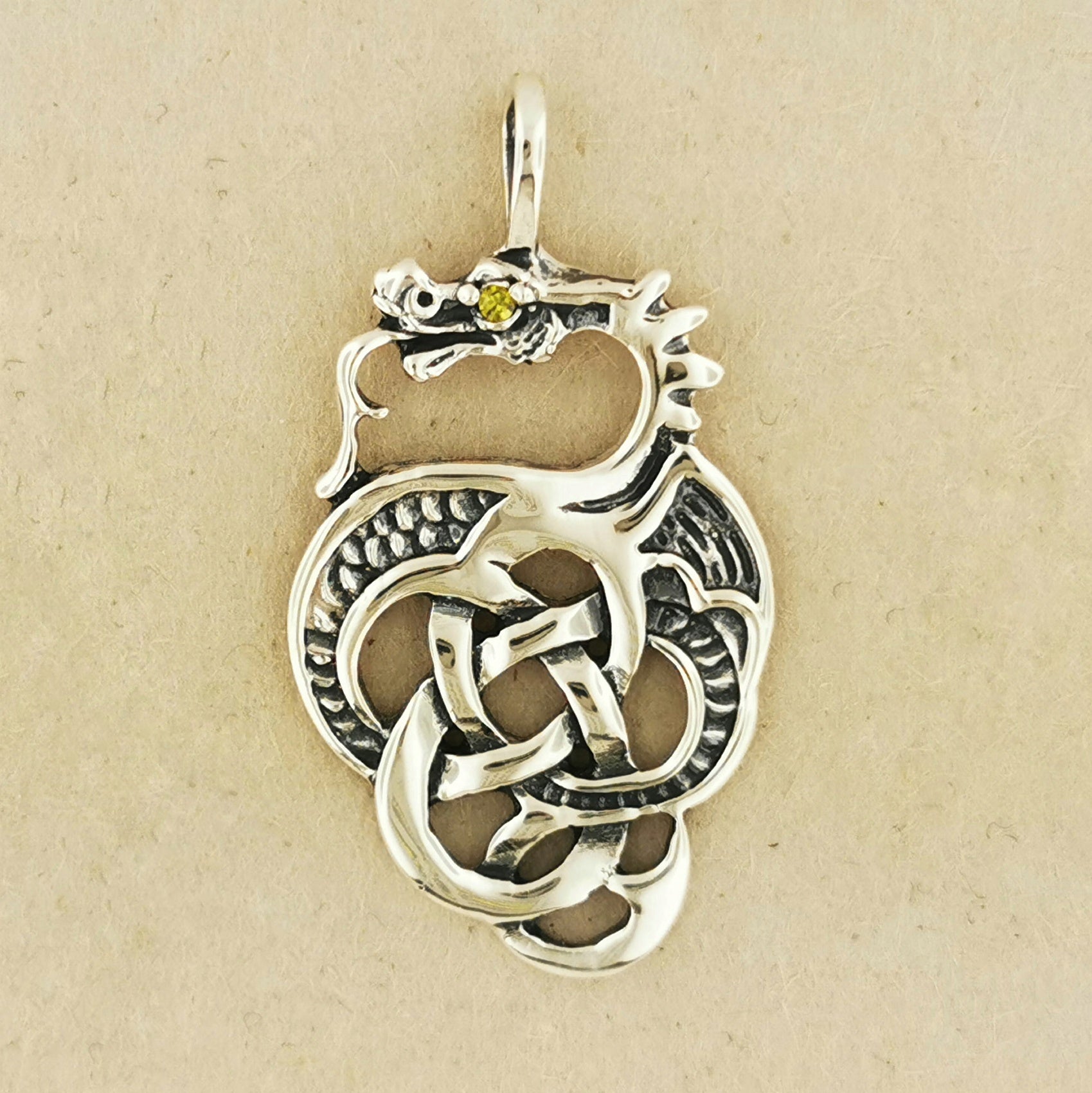 Celtic Dragon Pendant in Sterling Silver with Birthstone Eye - Le Dragon Argenté