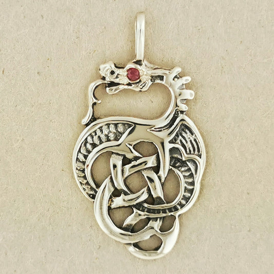 Celtic Dragon Pendant in Sterling Silver with Birthstone Eye - Le Dragon Argenté