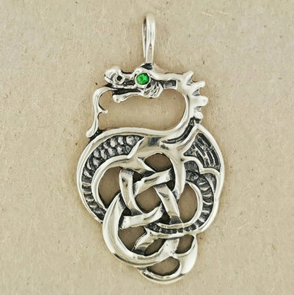 Celtic Dragon Pendant in Sterling Silver with Birthstone Eye - Le Dragon Argenté