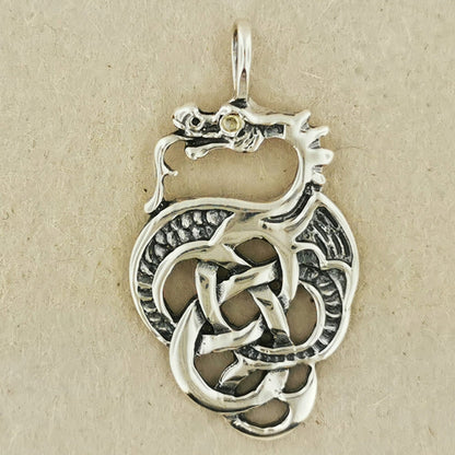 Celtic Dragon Pendant in Sterling Silver with Birthstone Eye - Le Dragon Argenté