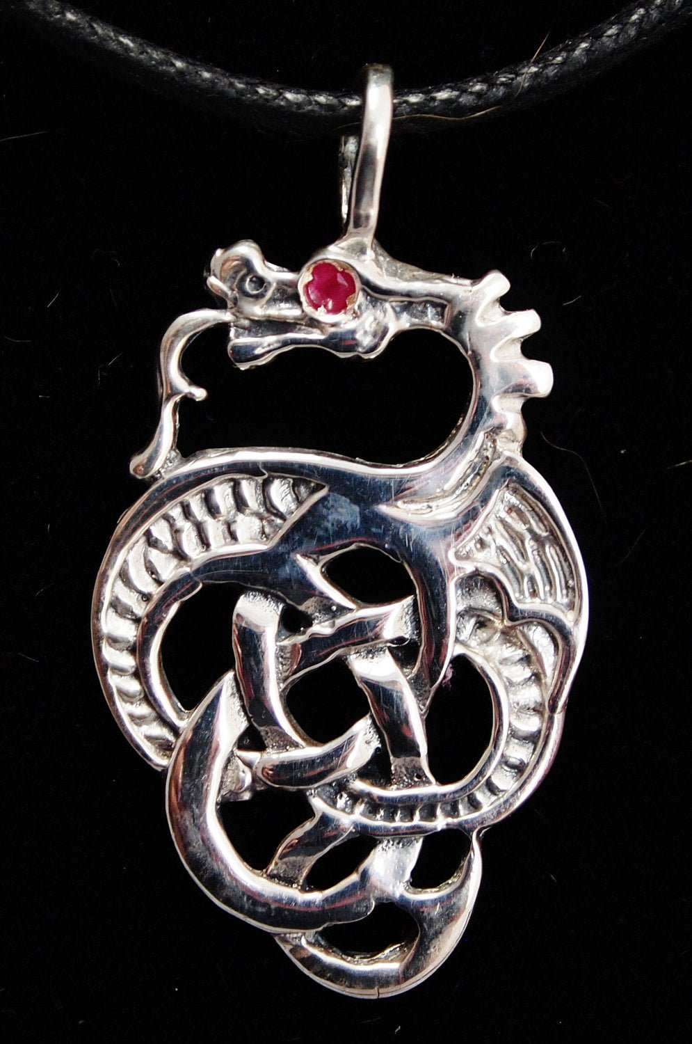 Celtic Knotwork Dragon in Sterling Silver with Gemstone Eye - Le Dragon Argenté