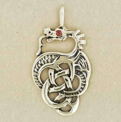 Celtic Knotwork Dragon in Sterling Silver with Gemstone Eye - Le Dragon Argenté