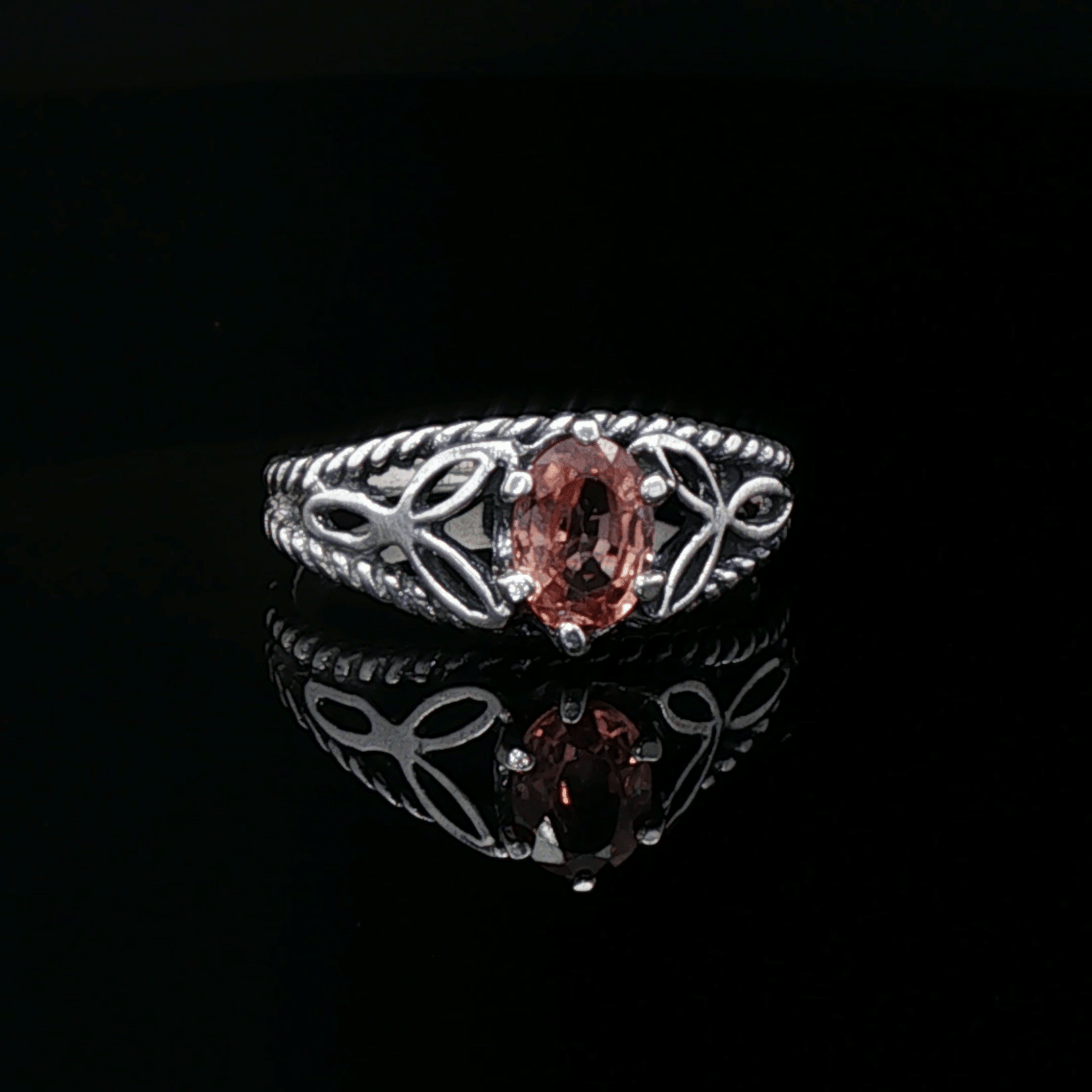 Celtic Triquetra Knotwork Gemstone Ring in Pink Zircon and Sterling Silver - Le Dragon Argenté