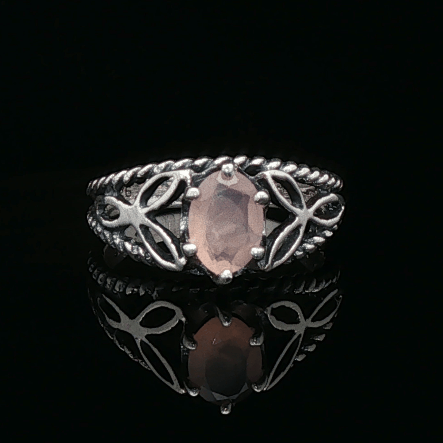 Celtic Triquetra Knotwork Gemstone Ring in Rose Quartz and Sterling Silver - Le Dragon Argenté