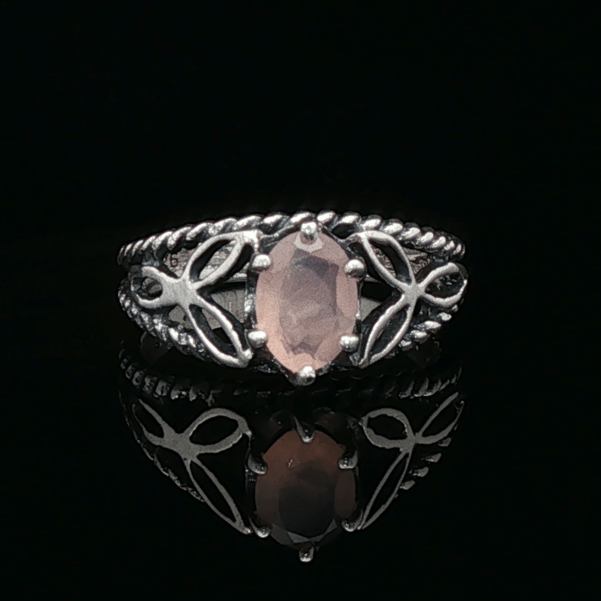 Celtic Triquetra Knotwork Gemstone Ring in Rose Quartz and Sterling Silver - Le Dragon Argenté