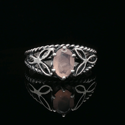 Celtic Triquetra Knotwork Gemstone Ring in Rose Quartz and Sterling Silver - Le Dragon Argenté