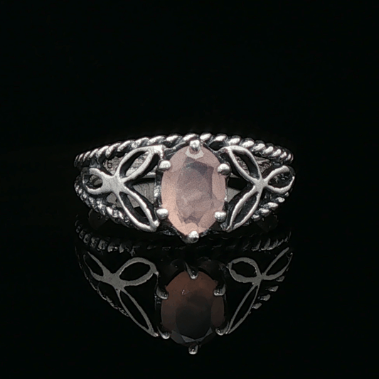 Celtic Triquetra Knotwork Gemstone Ring in Rose Quartz and Sterling Silver - Le Dragon Argenté