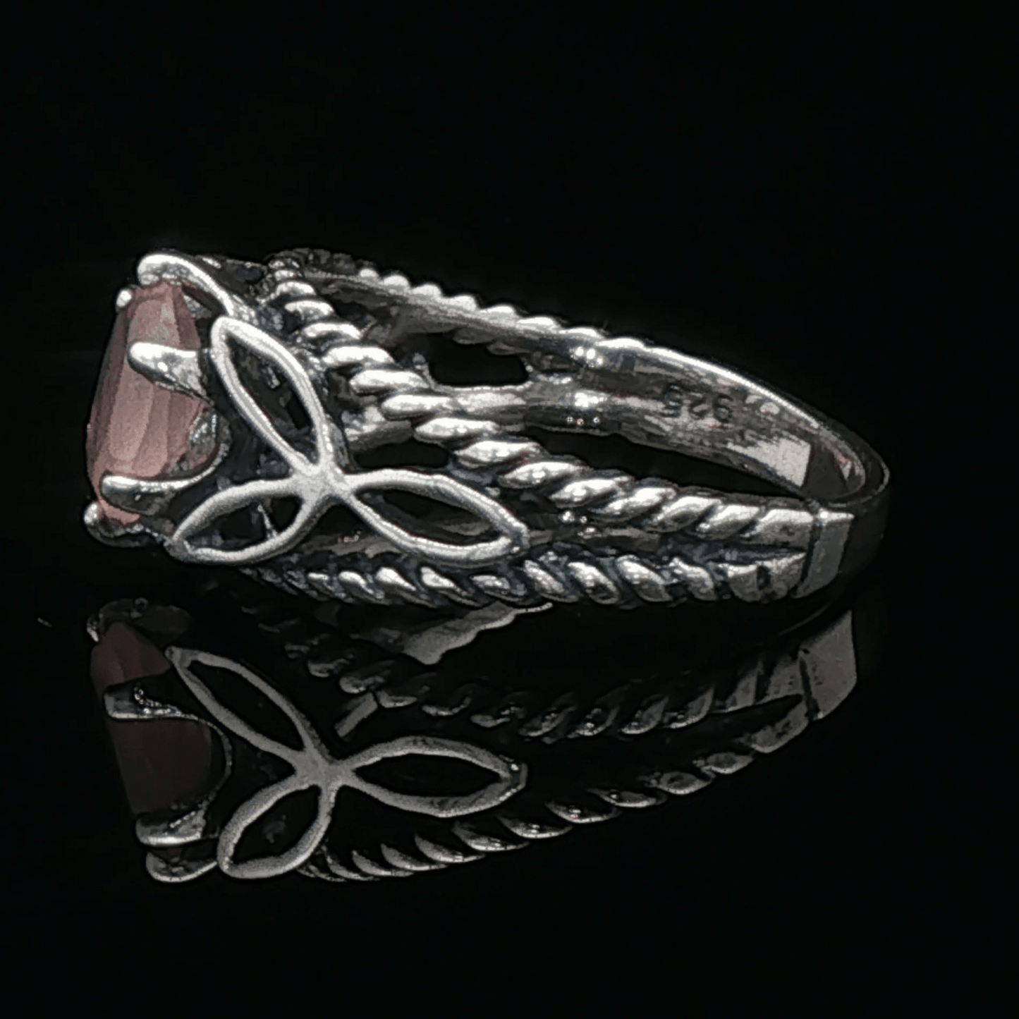 Celtic Triquetra Knotwork Gemstone Ring in Rose Quartz and Sterling Silver - Le Dragon Argenté