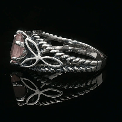 Celtic Triquetra Knotwork Gemstone Ring in Rose Quartz and Sterling Silver - Le Dragon Argenté