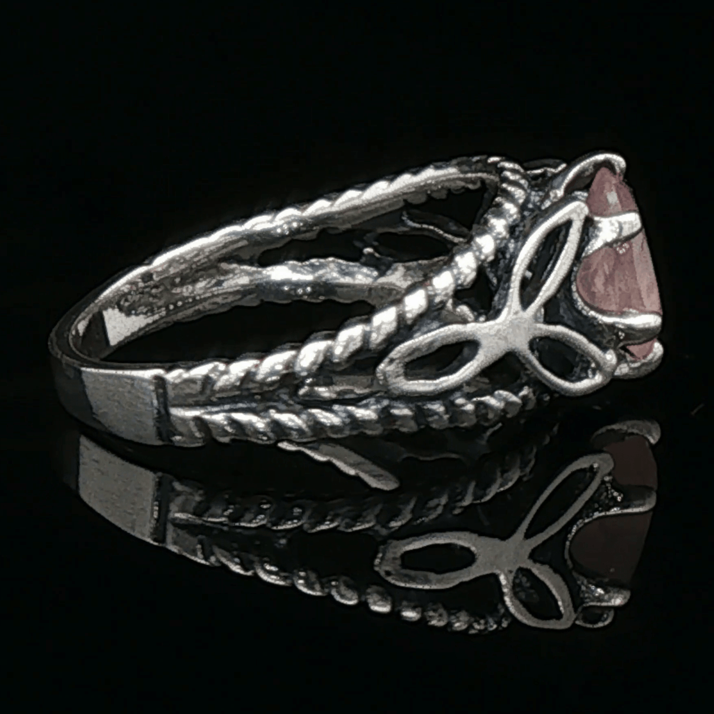 Celtic Triquetra Knotwork Gemstone Ring in Rose Quartz and Sterling Silver - Le Dragon Argenté