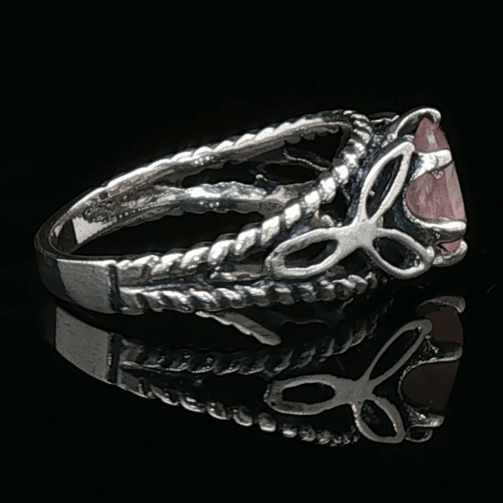 Celtic Triquetra Knotwork Gemstone Ring in Rose Quartz and Sterling Silver - Le Dragon Argenté