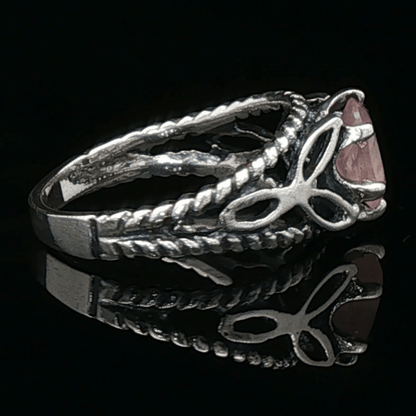 Celtic Triquetra Knotwork Gemstone Ring in Rose Quartz and Sterling Silver - Le Dragon Argenté